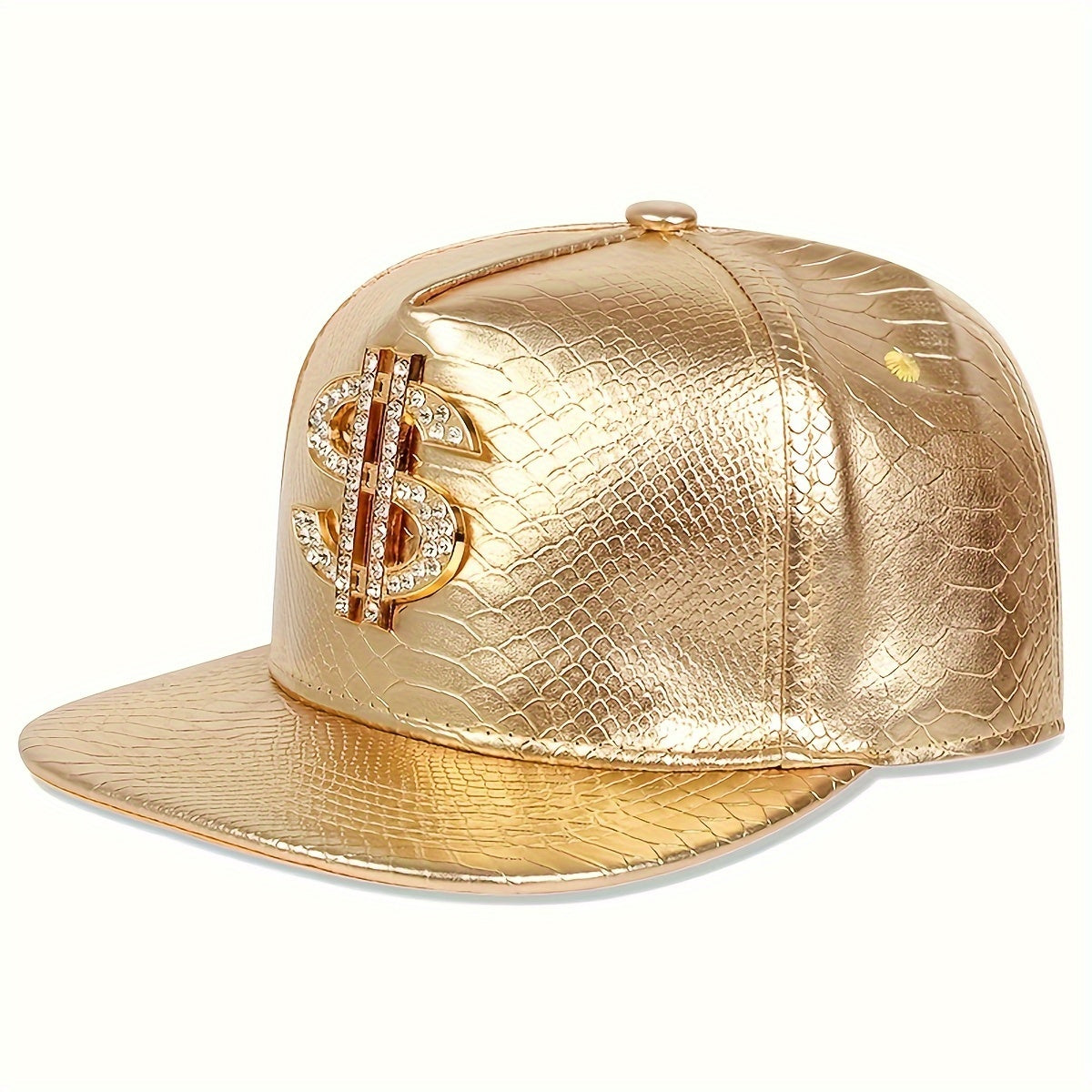 Men's diamond dollar sign hip hop hat in gold with a shiny snakeskin finish and sparkling embellishments