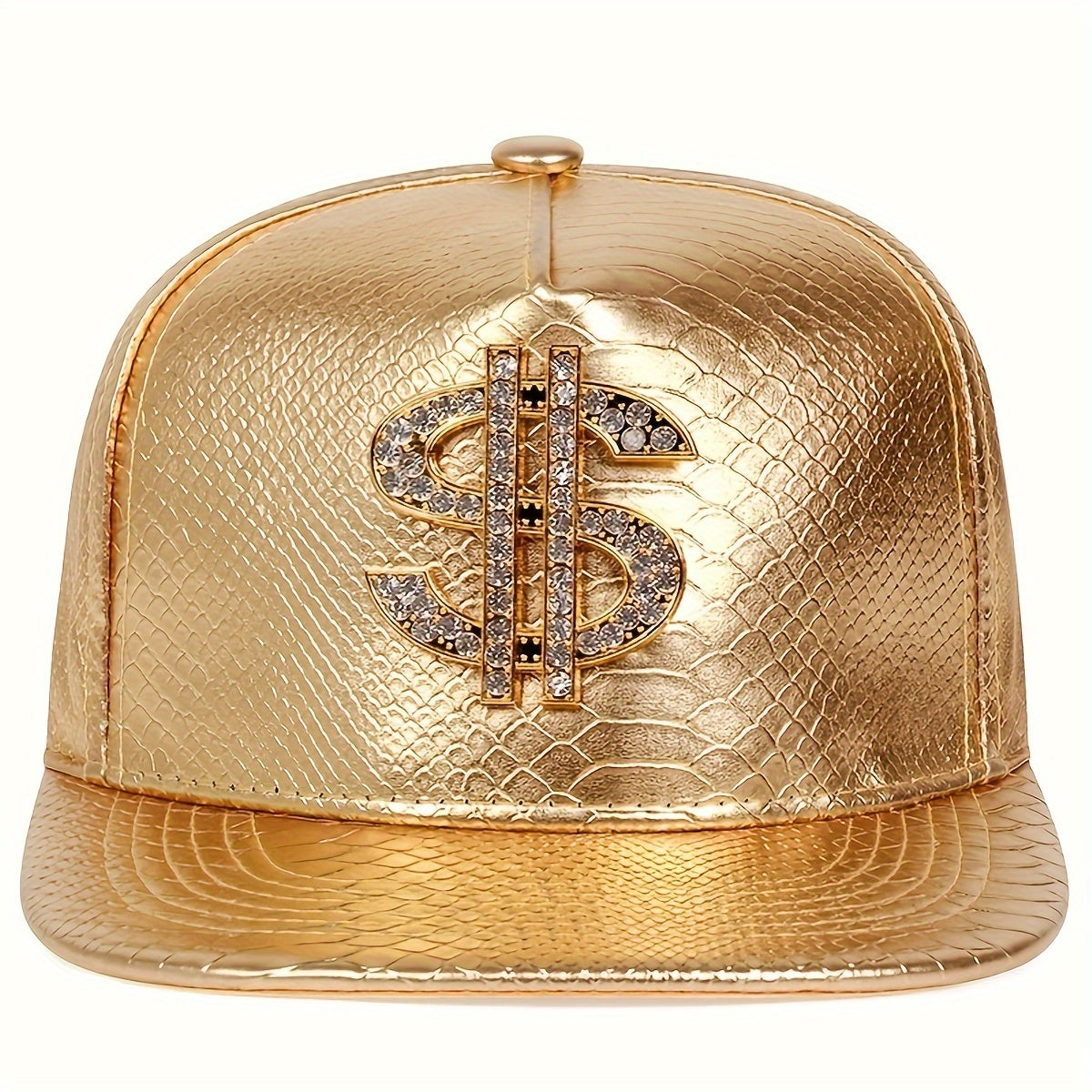 LuckeLadybug LLC men's diamond dollar sign hip hop hat in gold with a shiny textured finish