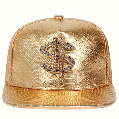 LuckeLadybug LLC men's diamond dollar sign hip hop hat in gold with a shiny textured finish