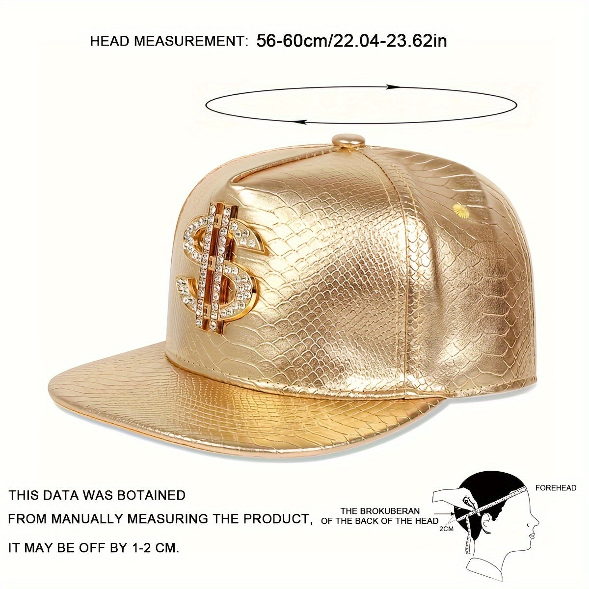 Men's diamond dollar sign hip hop hat in gold with snake skin texture and measurement details