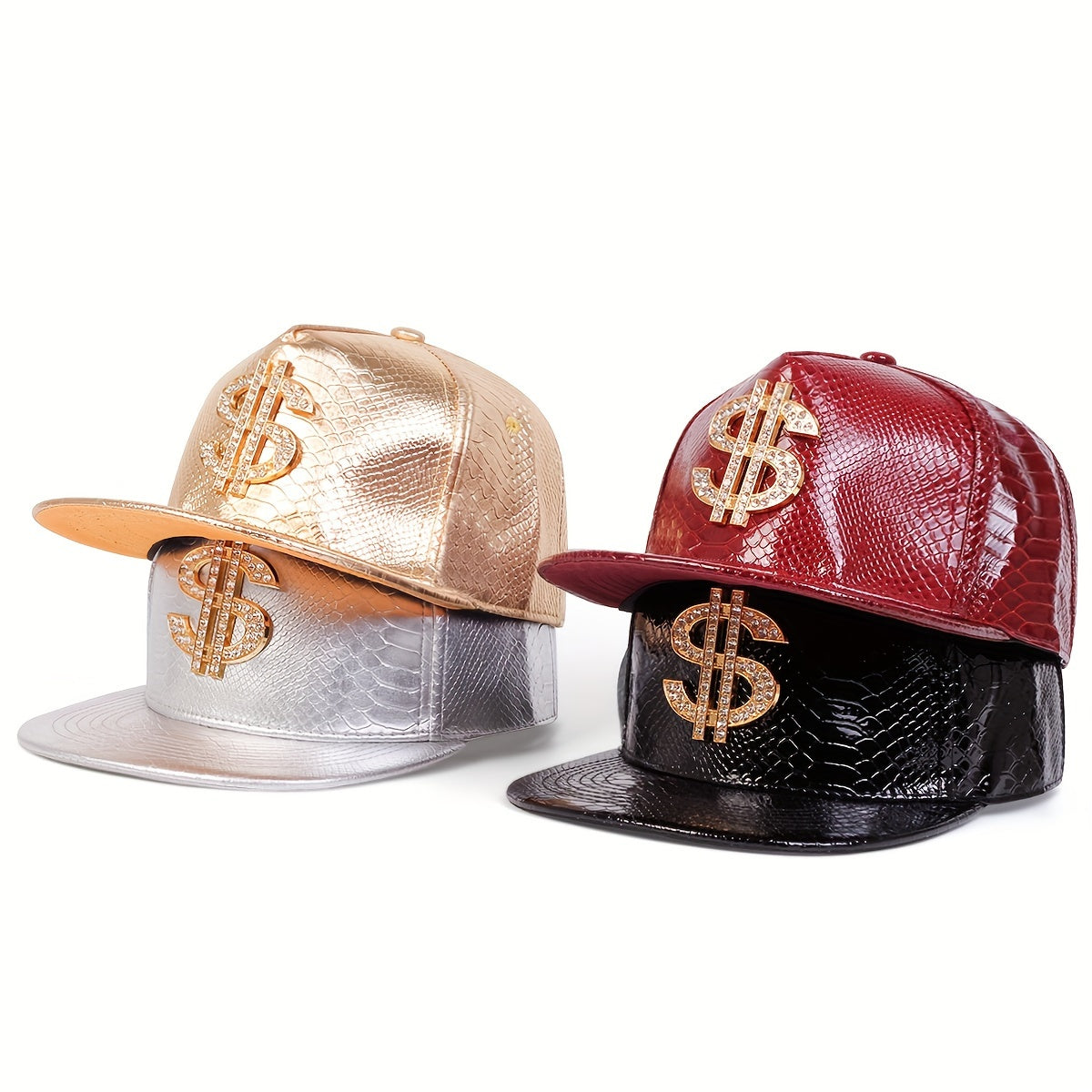 Men's diamond dollar sign hip hop hat collection in gold, silver, and red with stylish textures