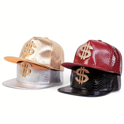 Men's diamond dollar sign hip hop hat collection in gold, silver, and red with stylish textures