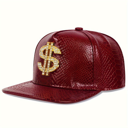 Men's diamond dollar sign hip hop hat in red with a stylish snakeskin texture and bling embellishment