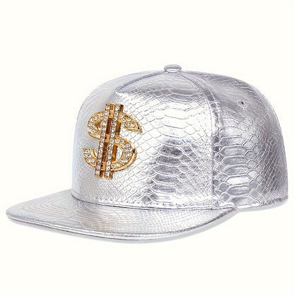Men's diamond dollar sign hip hop hat in silver with a glossy snake print design