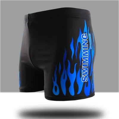 LuckeLadybug men's flame swim trunks with bold blue flame design for stylish poolside wear