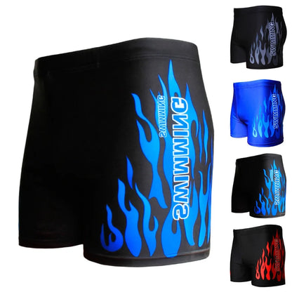 Men's flame swim trunks in black and blue with flame graphics for stylish summer swim wear