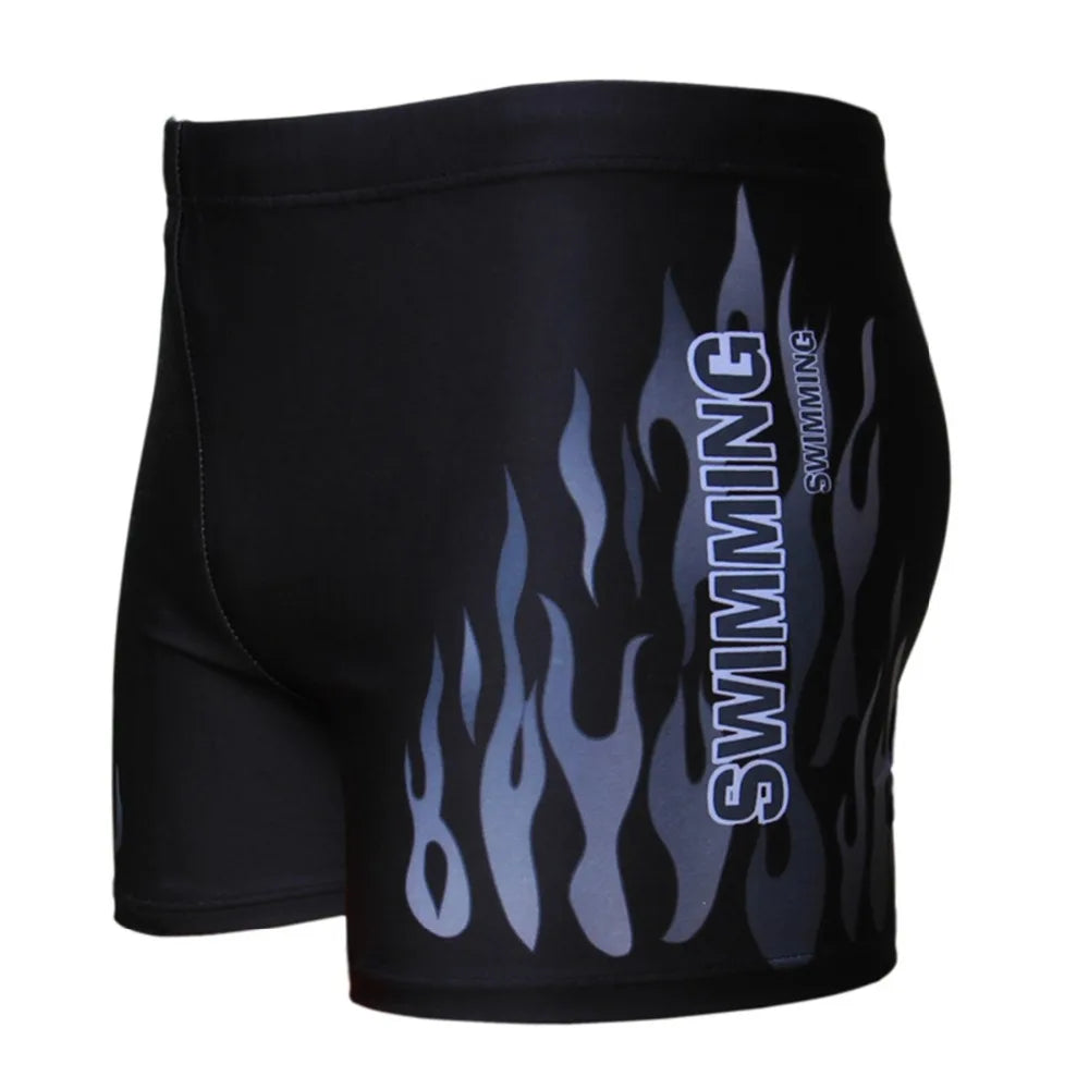 Men's flame swim trunks in black with sleek flame graphics for stylish poolside wear