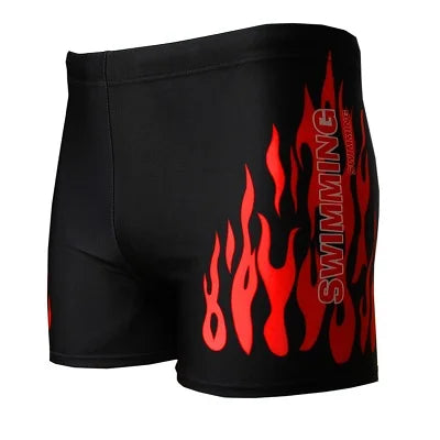 LuckeLadybug men's flame swim trunks in black with red flame design for stylish summer wear