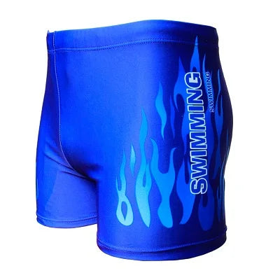 Men's flame swim trunks in blue with vibrant flame graphics and elastic waistband for comfort