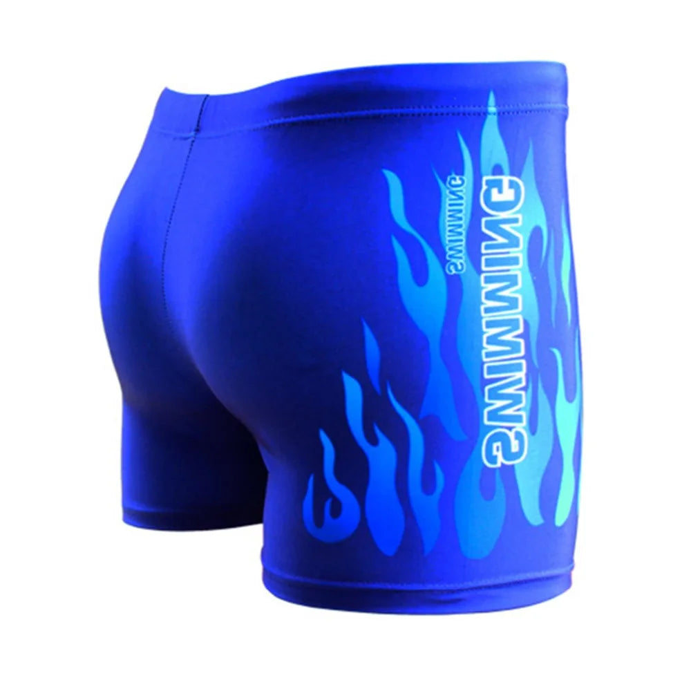 Blue men's flame swim trunks with bold flame design for style and comfort in the water
