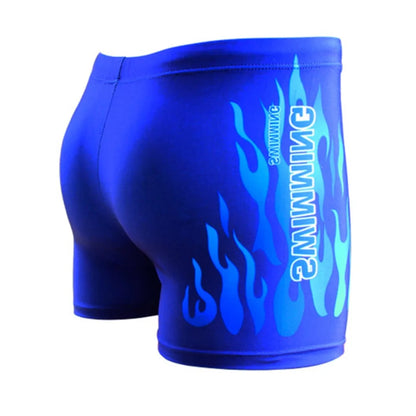Blue men's flame swim trunks with bold flame design for style and comfort in the water