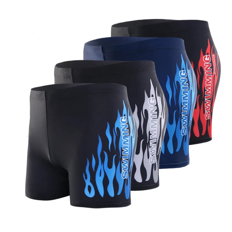 LuckeLadybug LLC men's flame swim trunks in various colors featuring stylish flame patterns