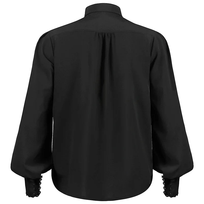 Back view of men's gothic ruffled dress shirt by LuckeLadybug LLC in black color with long sleeves
