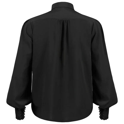 Back view of men's gothic ruffled dress shirt by LuckeLadybug LLC in black color with long sleeves