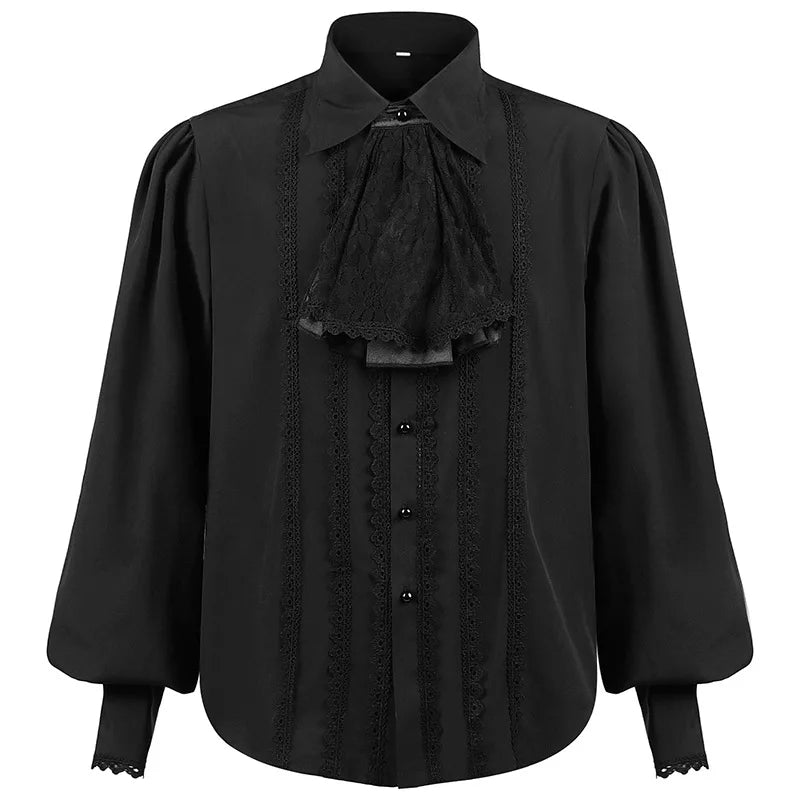 LuckeLadybug men's gothic ruffled dress shirt in black with elegant lace details and button closure