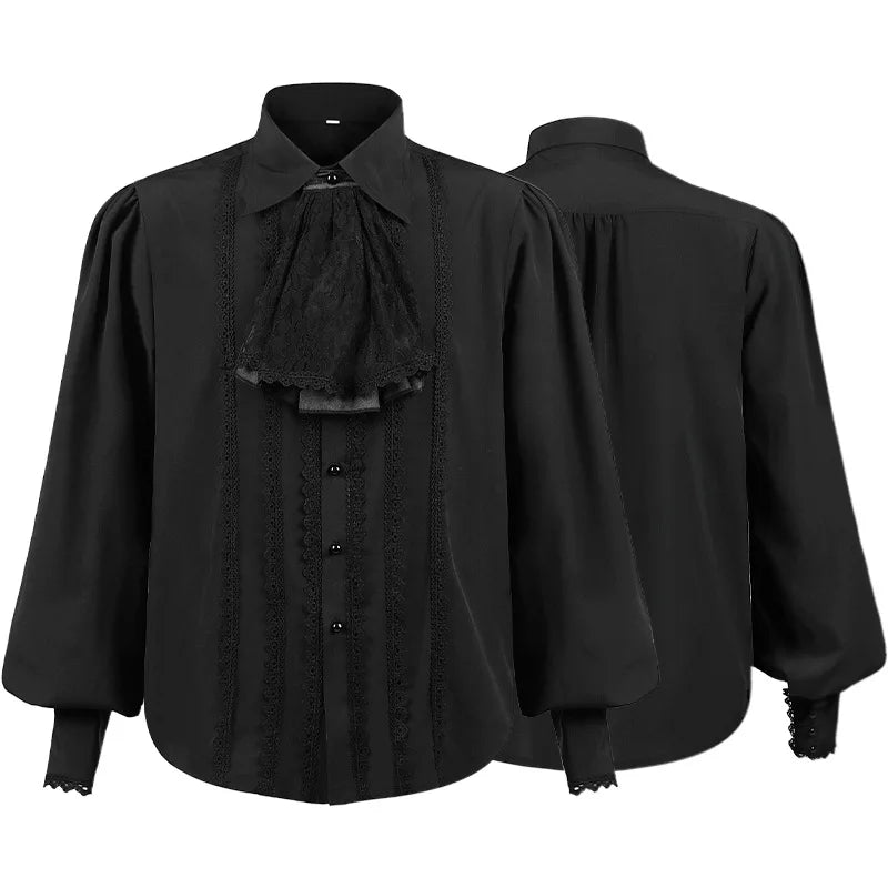 Men's gothic ruffled dress shirt by LuckeLadybug LLC with elegant front detailing and puffed sleeves