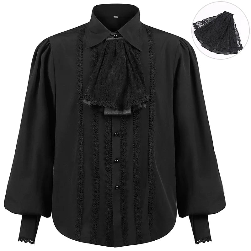 LuckeLadybug LLC men's gothic ruffled dress shirt in black with lace detailing and stylish design