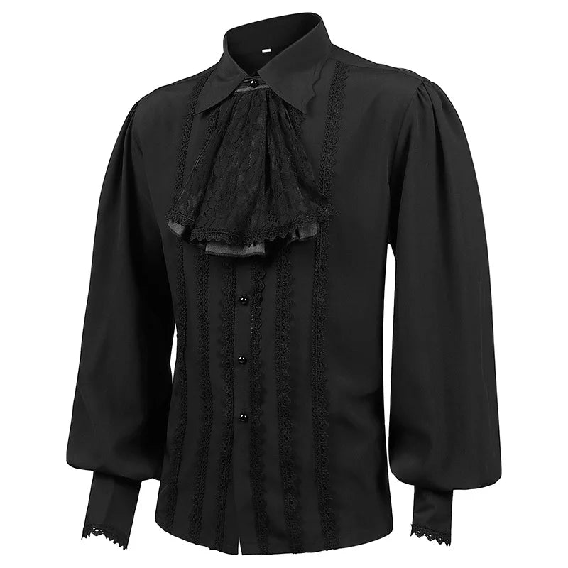 Men's gothic ruffled dress shirt in black with lace detailing and elegant puffed sleeves