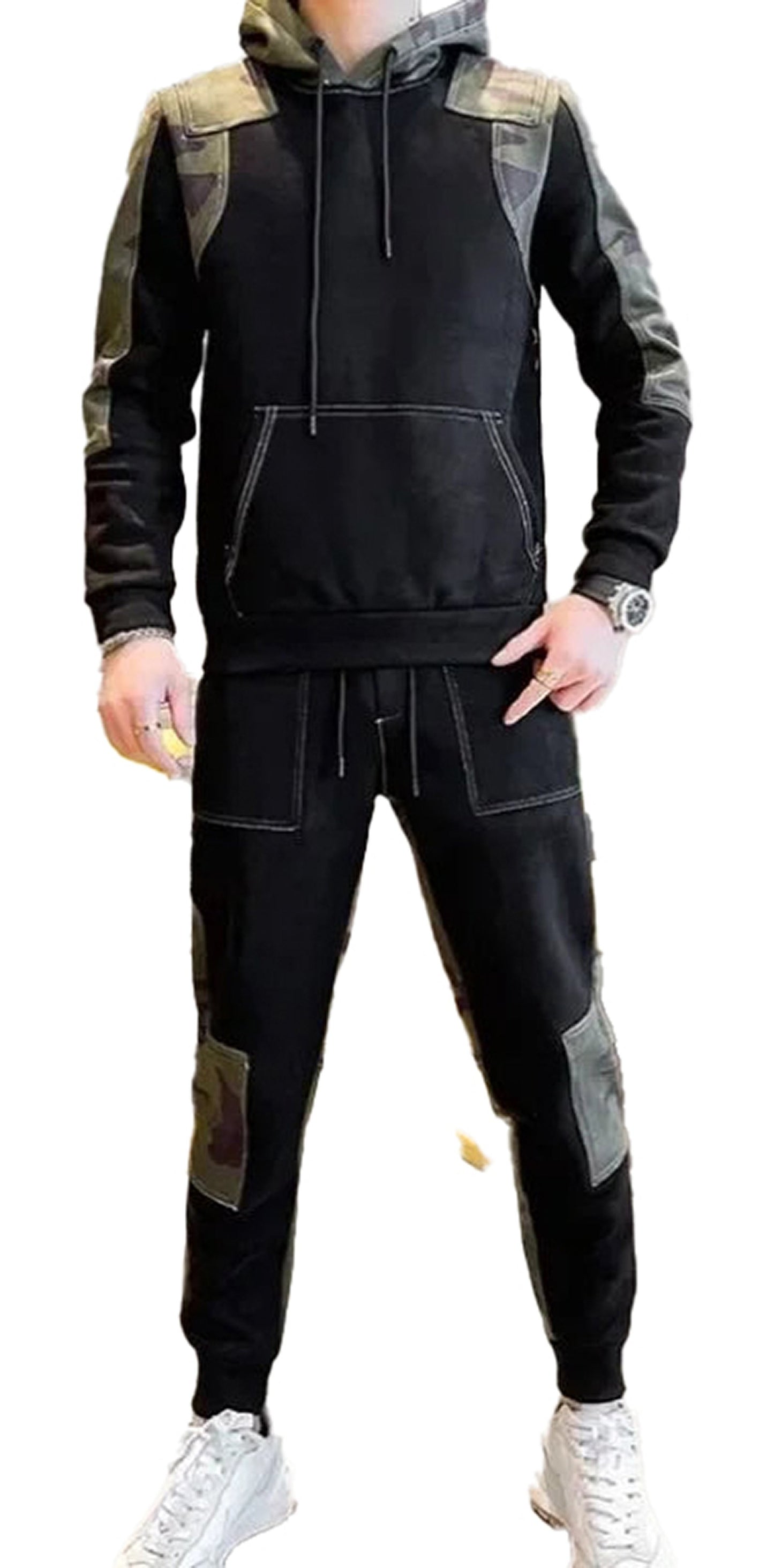 Men's harajuku hoodies in black with stylish patchwork design and adjustable drawstrings