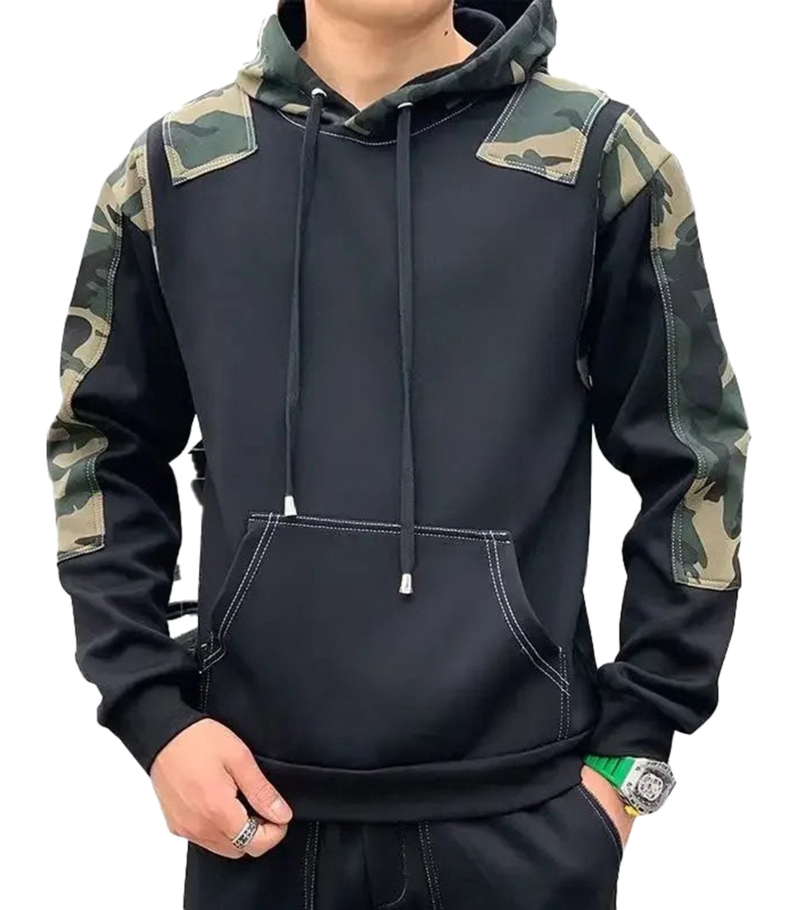 Men's Harajuku hoodies featuring camouflage sleeves and a front pocket for a stylish streetwear look