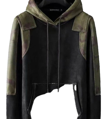 Men's harajuku hoodies with unique cropped design and camo sleeves for a trendy streetwear look