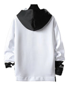 Back view of a men's hip hop hoodie in white with a contrasting black hood and stylish design