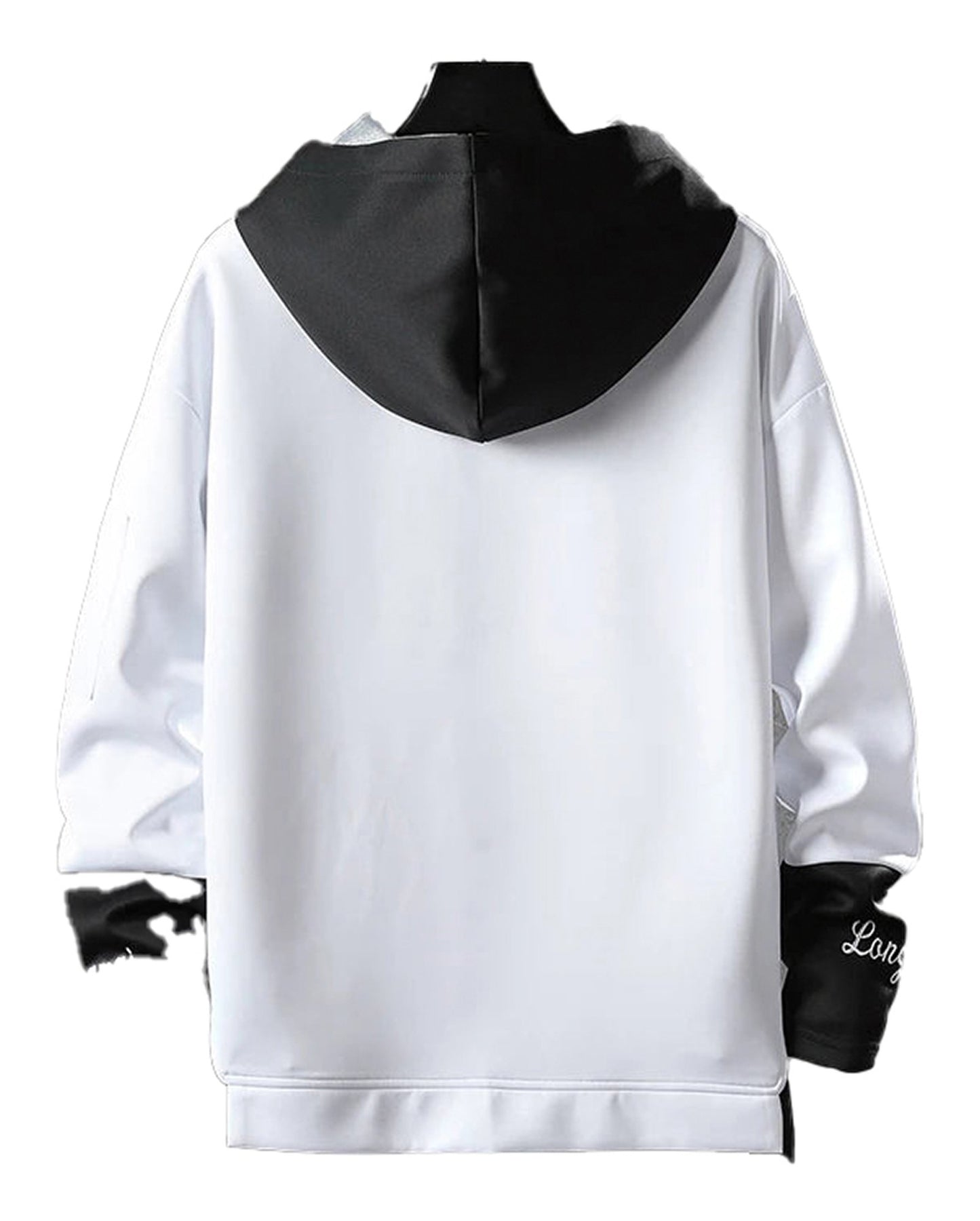 Back view of a men's hip hop hoodie in white with a contrasting black hood and stylish design