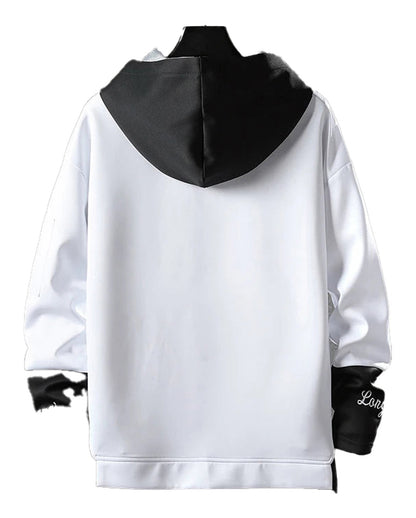 Back view of a men's hip hop hoodie in white with a contrasting black hood and stylish design