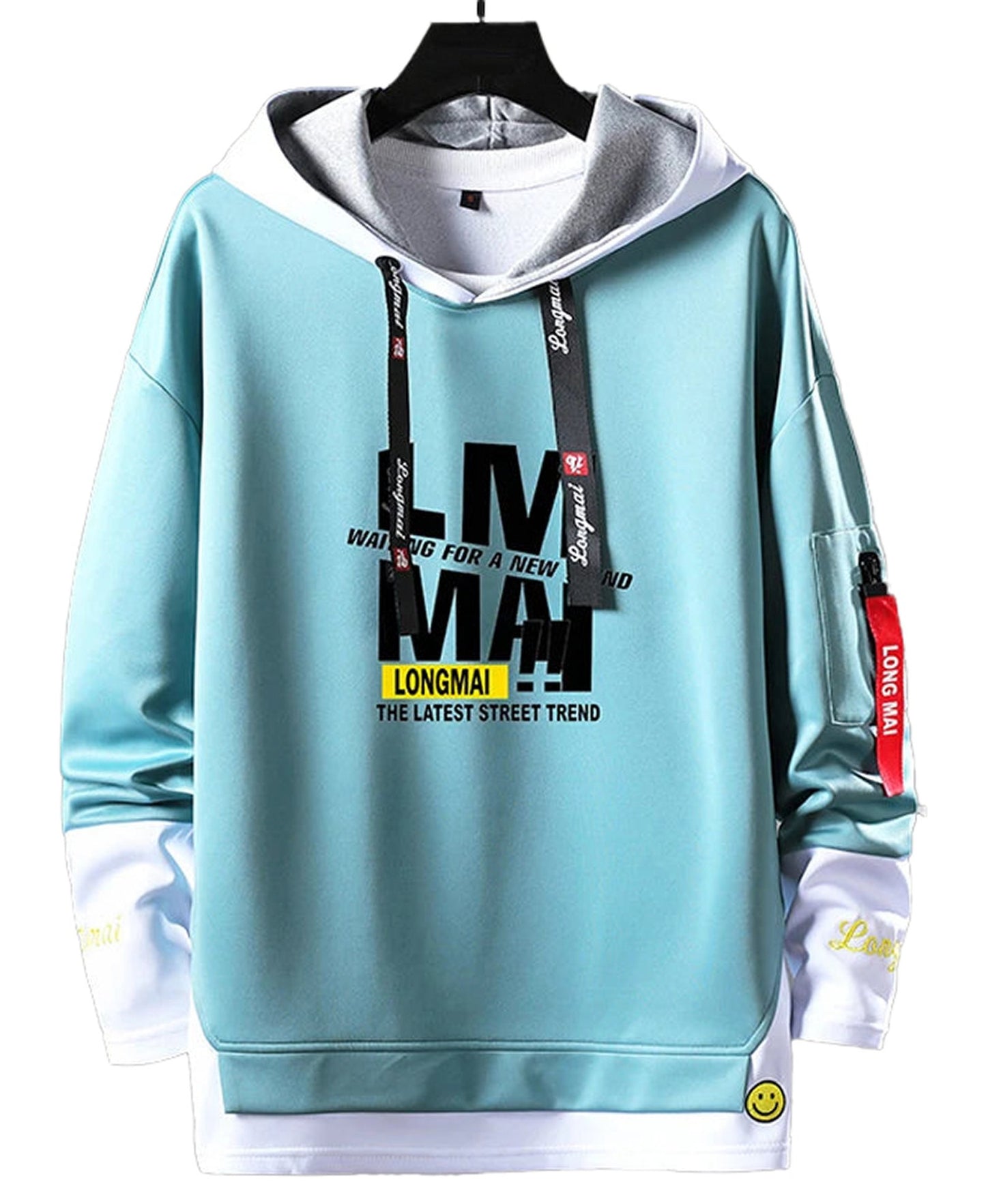 Men's hip hop hoodie in light blue with bold graphics and casual streetwear style