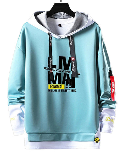 Men's hip hop hoodie in light blue with bold graphics and casual streetwear style
