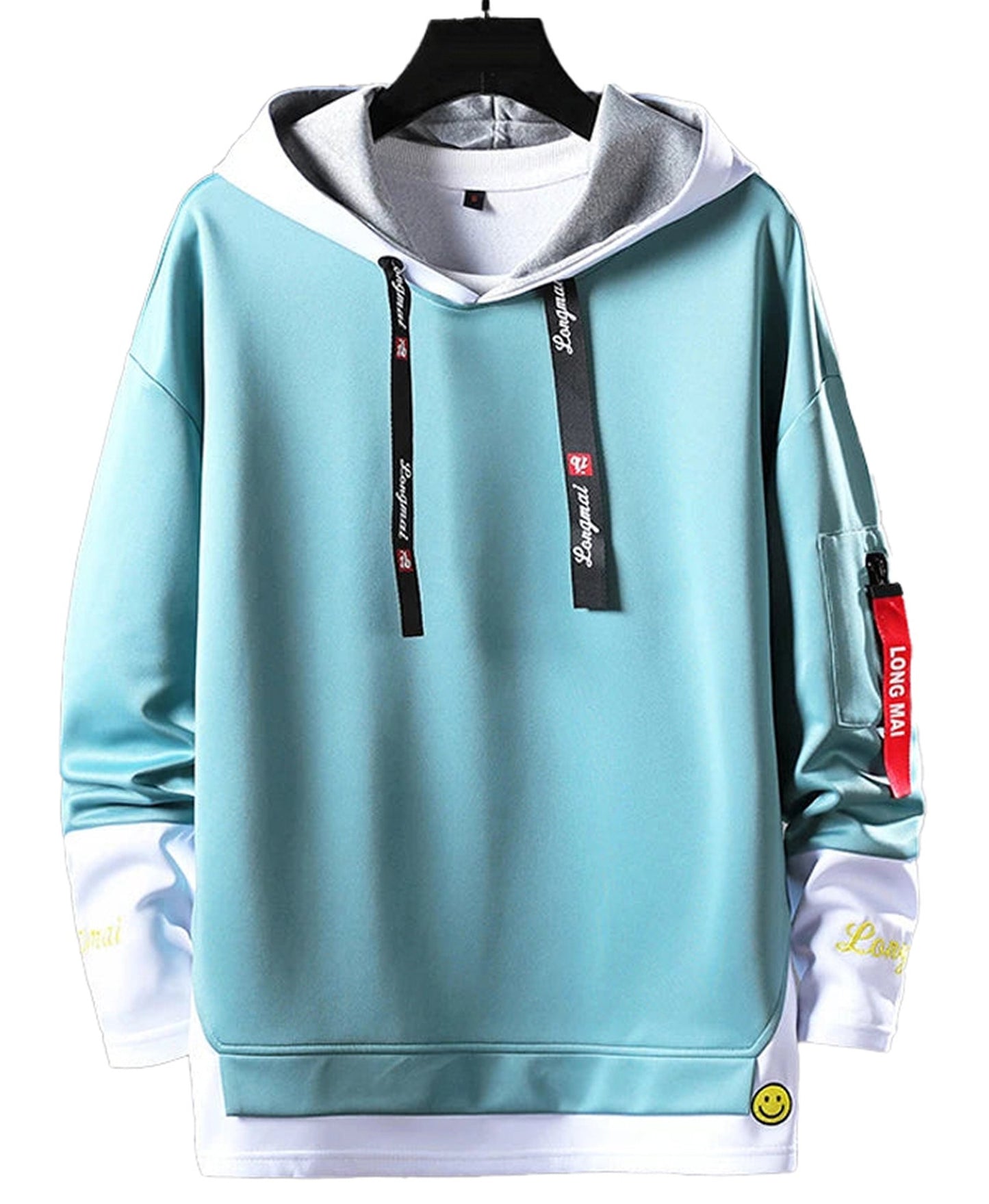 Light blue men's hip hop hoodie with adjustable drawstrings and graphic details on sleeves