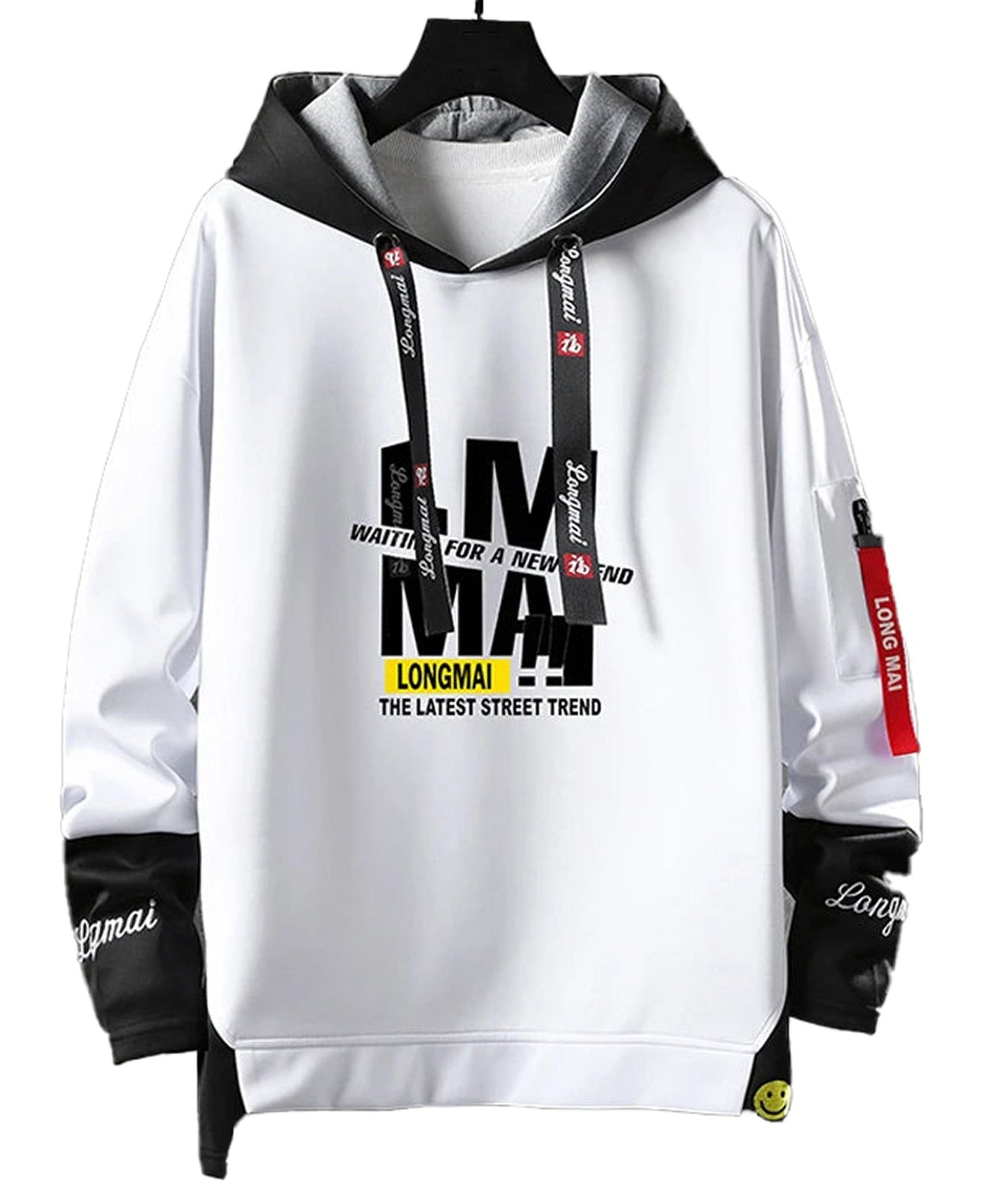 LuckeLadybug LLC men's hip hop hoodie in white with trendy graphics and adjustable hood for comfort