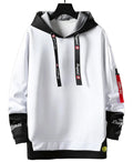 Men's hip hop hoodie in white and black with adjustable drawstrings and stylish patch details