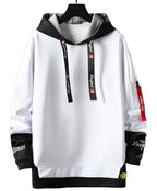 Men's hip hop hoodie in white and black with adjustable drawstrings and stylish patch details