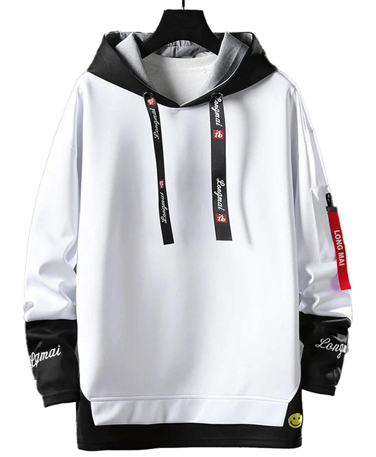 Men's hip hop hoodie in white and black with adjustable drawstrings and stylish patch details