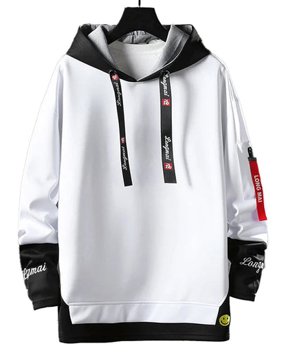 Men's hip hop hoodie in white and black with adjustable drawstrings and stylish patch details