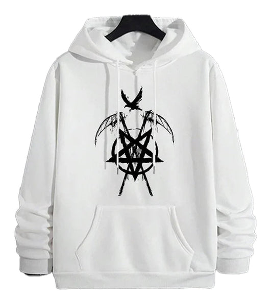 White men's hip hop hoodies 2025 with bold black graphic design and front pocket