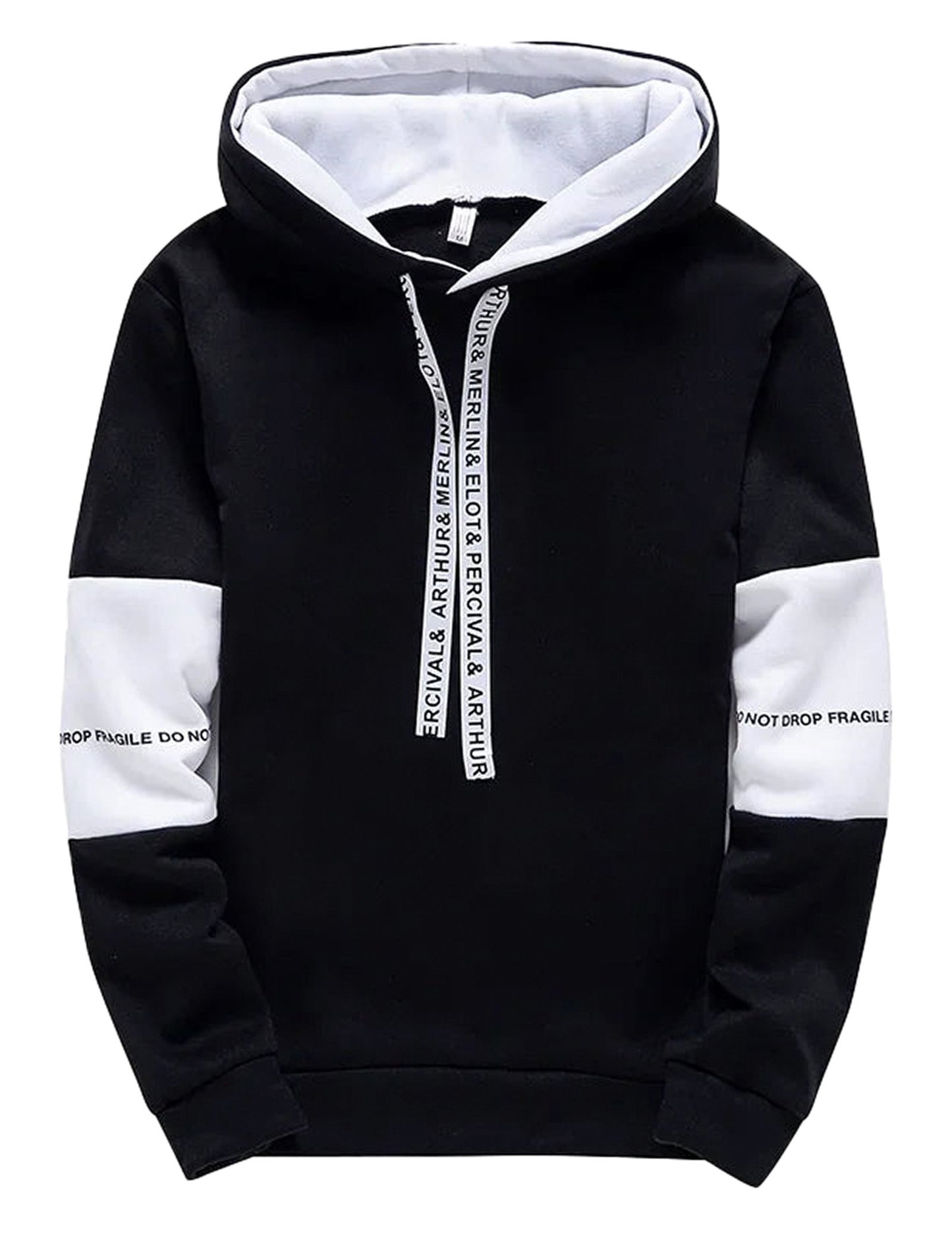 LuckeLadybug men's hip hop hoodies in black with white accents and adjustable drawstrings