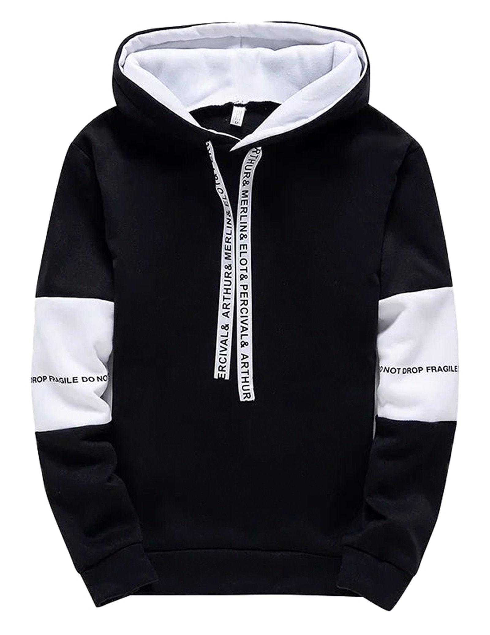 LuckeLadybug men's hip hop hoodies in black with white accents and adjustable drawstrings