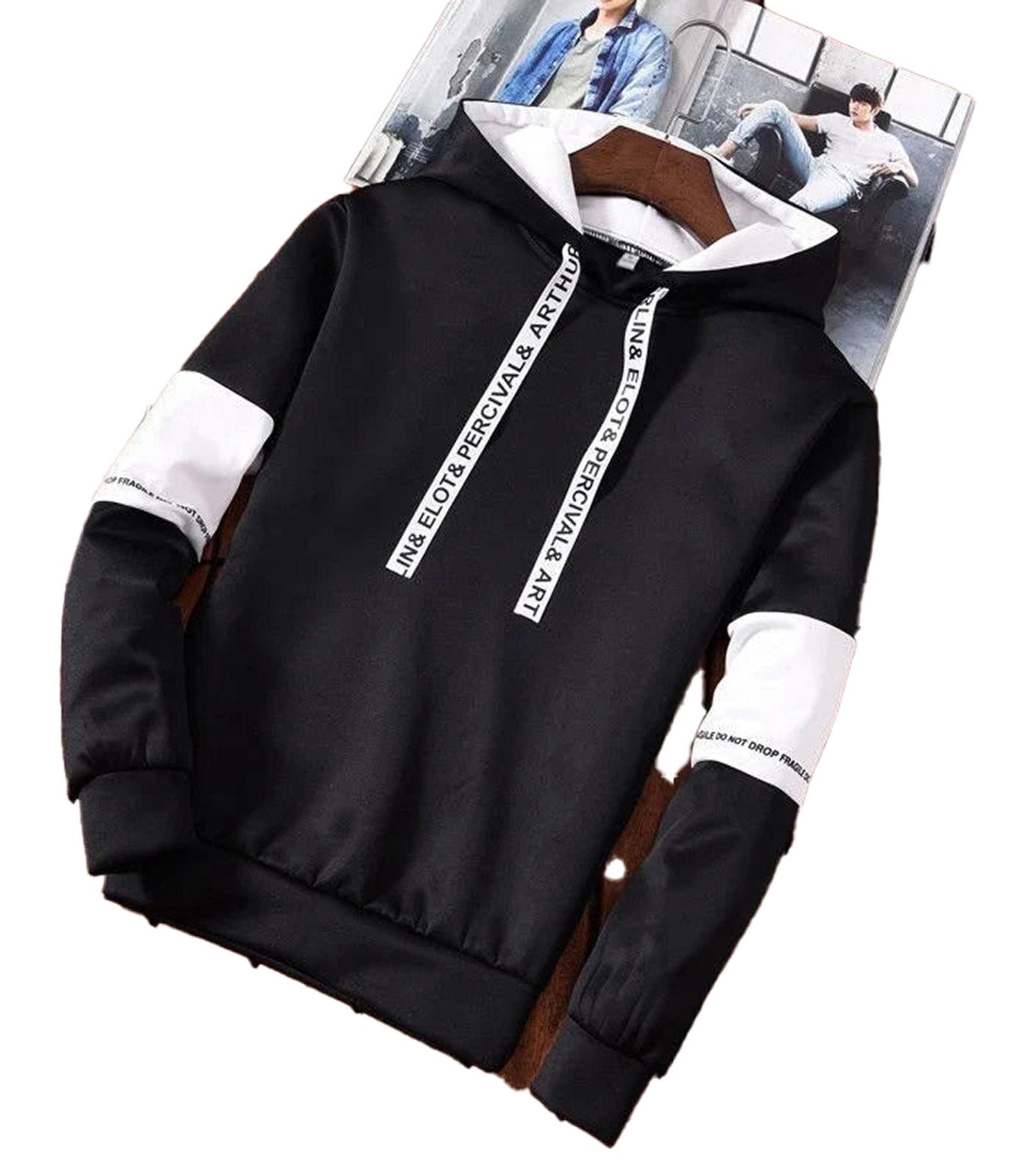 Black men's hip hop hoodies from LuckeLadybug LLC with white sleeve accents and drawstring hood