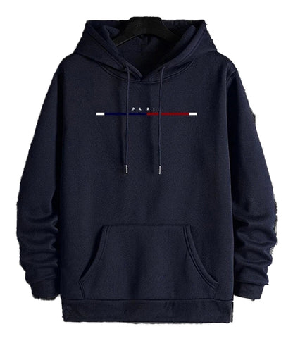 Navy mens hip hop hoodies featuring Paris graphic and a classic kangaroo pocket design