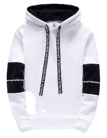 Men's hip hop hoodies in white and black design with stylish contrast sleeves and adjustable drawstrings