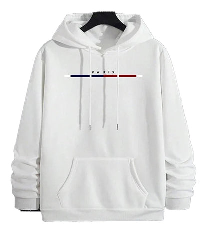 White mens hip hop hoodies featuring a Paris graphic and drawstring hood from LuckeLadybug LLC