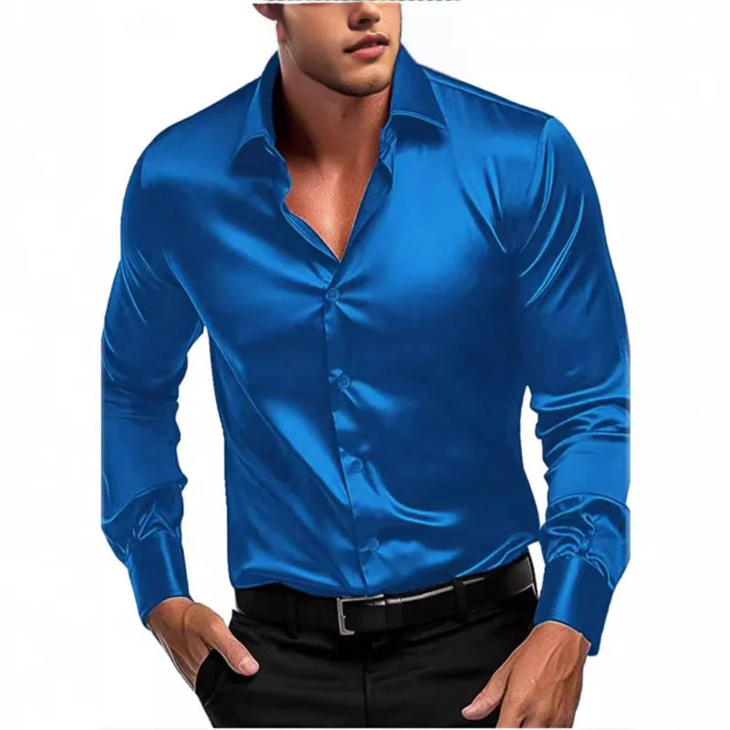 Men's luxury satin dress shirt in vibrant blue for a stylish and sophisticated look