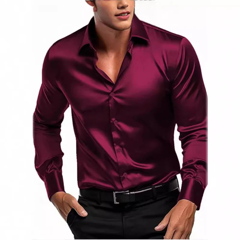 Men's luxury satin dress shirt in burgundy with a sleek fit and stylish design from LuckeLadybug LLC