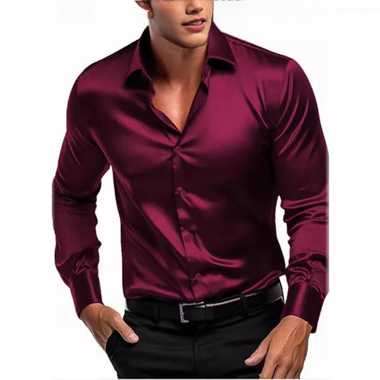 Men's luxury satin dress shirt in burgundy with a sleek fit and stylish design from LuckeLadybug LLC