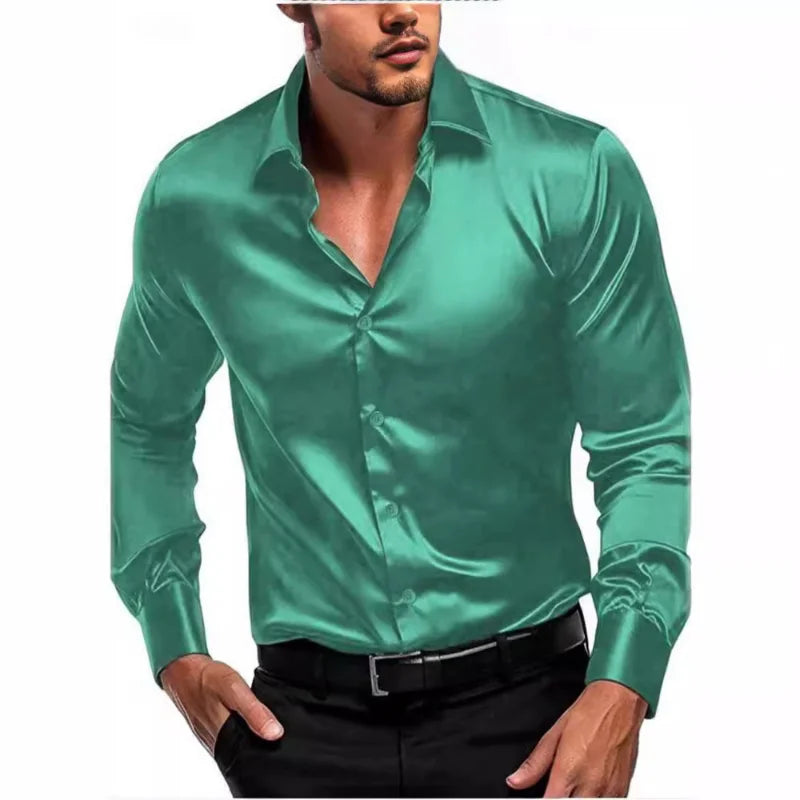 Men's luxury satin dress shirt in teal with a classic fit and long sleeves for formal occasions