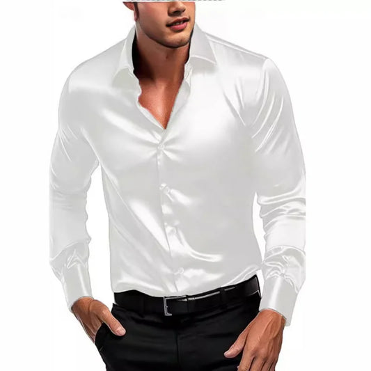 Men's luxury satin dress shirt in white for a sleek and stylish look