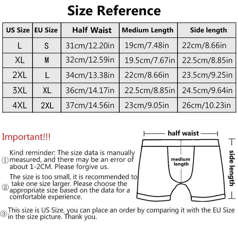 Size chart for men's microfiber boxer briefs by LuckeLadybug LLC with detailed measurements and fitting advice