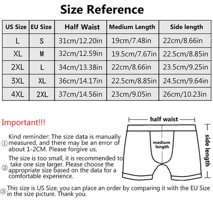 Size chart for men's microfiber boxer briefs by LuckeLadybug LLC with detailed measurements and fitting advice